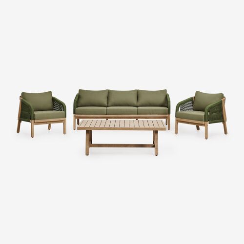 Ensemble de salon avec canapé 3 places, 2 fauteuils et table basse en bois d'acacia Dubai Acacia Rustique Marron