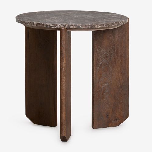 Table De Chevet Ronde Lavinia, Ø50 Cm, En Pierre Naturelle Et Bois De Manguier Bois Foncé
