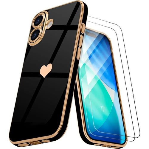 Coque + 2 Verres Trempés pour iPhone 17, Silicone Motif Coeur Anti-Rayure Ultra Slim Souple Noir - EFConnection
