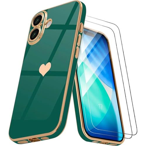 Coque + 2 Verres Trempés Pour Iphone 17, Silicone Avec Motif Coeur Protection Antichoc Slim Vert Nuit - Efconnection