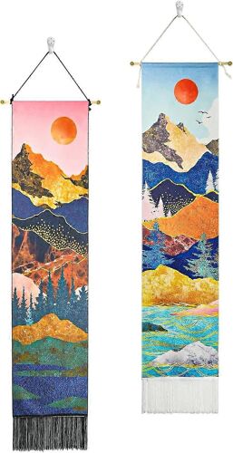 2pcs Tapisserie De Montagne,Tapisserie Du Lever Et Du Coucher Du Soleil Avec Glands,Tentures Murales Tapisserie De Paysage,Tapisseries De Forêt Pour La Décoration De Dortoir De Chambre À Coucher À La