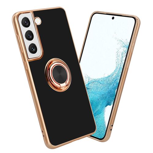 Cadorabo Housse compatible avec Samsung Galaxy S22 PLUS en Glossy Noir - Or avec anneau - Étui de protection en silicone TPU flexible, avec protection pour appareil photo et support voiture magnétique