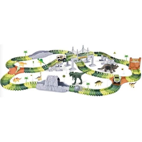 PIFUN Circuit flexible Dinosaures 240 rails + 1 voiture + x2 Bifurcation / Pont suspendu et rampes / Double porte / 8 Dinosaures...