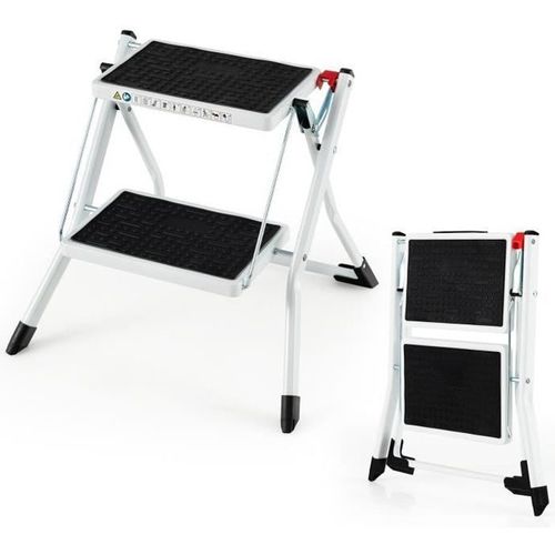 COSTWAY Escabeau 2 Marches Largie Pliant Cadre Métallique Lourd Pédale Antidérapante 50 x 49 x 45 cm Capacité 150 kg Noir + Blanc