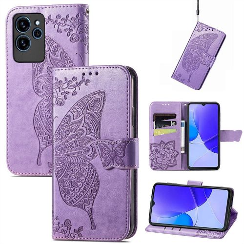 Saturcase Coque Pour Oukitel C32, Papillon Fleurs Pu Cuir Magnétique Flip Portefeuille Support Porte-Carte Protecteur Housse Étui Avec Dragonne Pour Oukitel C32 (Hf-Lavande)