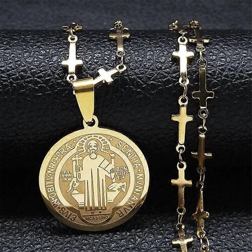 Catholique Saint Benoît Médaille Collier En Acier Inoxydable Pour Femmes Hommes Couleur Or Jésus Croix Chaîne Bijoux San Benito N7913gds02