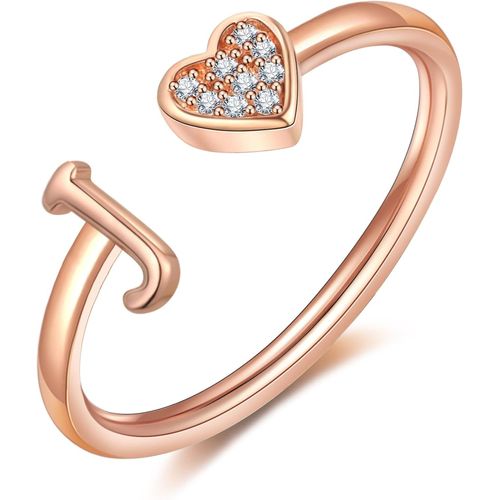 Kal-Bague Femme Or Argent Rose Or Coeur Bague Avec Initiale Lettres Enfant Fille Plaqué Or Reglable Ajustable A-Z Collier Femme Bague Fiançailles Accessoires Mode Contemporains Boîte Cadeau