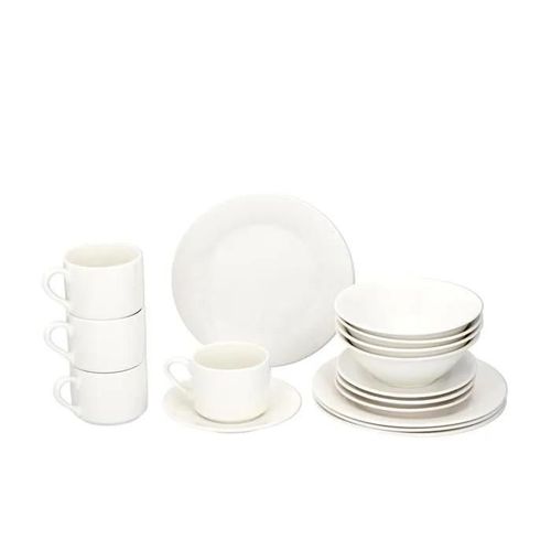 alpina Assiettes Service de Table 4 Personnes Service d'Assiettes et Bols en Faïence - Assiettes Plates, Bols et Tasse à Café - Passe au Micro-Ondes et au Lave-Vaisselle - Blanc