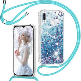 KALANKA-Coque pour Huawei P30 Lite avec Cordon, Paillette Liquide Étui pour Téléphone avec Lanière, Transparent Silicone Collier Réglable Protection Housse Portable Lanyard Case, Bleu
