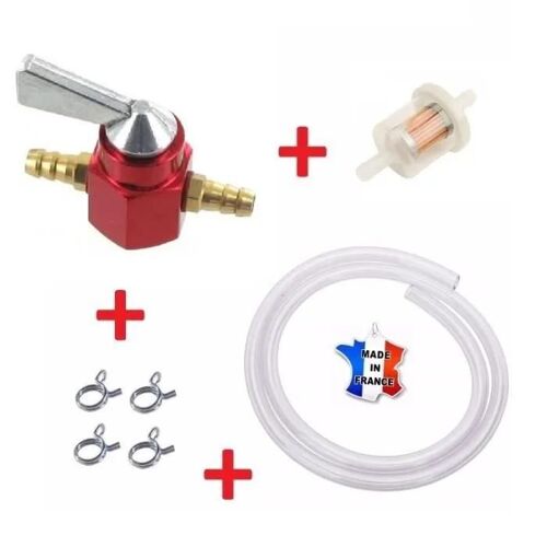 Kit Essence Universel : Robinet 5mm 6mm Rouge + Collier + Durite + Filtre A Carburant Moto Mobylette Tondeuse Tracteur Motoculteur