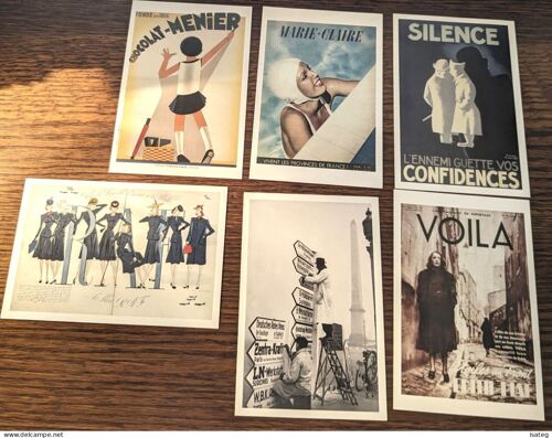 Lot De 6 Cartes Postales Reproduction : Chocolat-Menier/Marie Claire/Voilà/Silence/Paris Heure Allemande