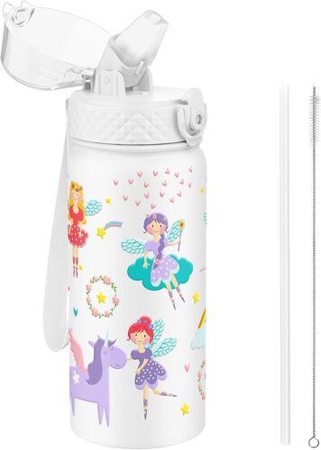 Goppus 550ml/18oz Gourde Isotherme Pour Enfants Avec Paille À Double Paroi En Acier Inoxydable Petit Flacon Isolé Sous Vide Métal Anti-Fuite Pour Boisson Flacon Pour Tout-Petits Thermos Sans Bpa