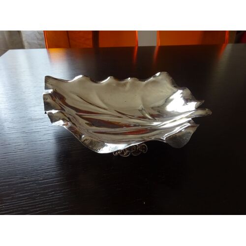 Plat Feuille Et Coupe Anses Papillons En Métal Argenté Vintage.