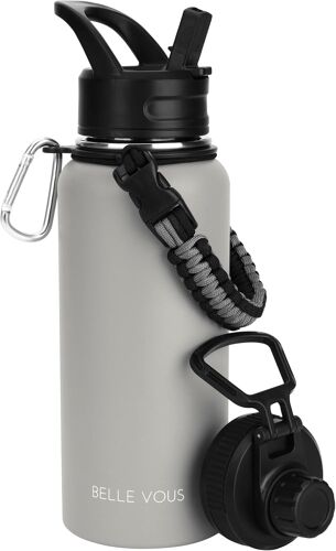 Belle Vous Bouteille Inox 1l Avec 2 Couvercles - Gourde Isotherme 1l À Double Paroi Pour Boissons Chaudes/Froides - Gourde Grise Anti-Fuite Sans Bpa Avec Couvercle Paille - Gym, Sport, Maison