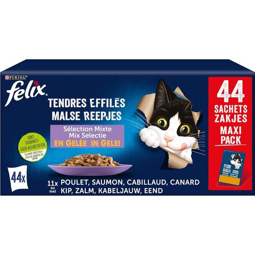 Asfasfq-Felix | Tendres Effilés | En Gelée | Chat Adulte | Recette 100% Complète Et Equilibrée | Sélection Au Saumon, Poulet, Canard Et Cabillaud | Sachets Fraîcheurs | Boîte De 44 X 85g