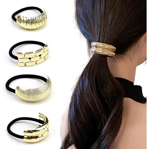 4 Pièces Attache Cheveux, Alliage De Zinc Corde À Cheveux, Élastique Bijoux Cheveux Doré, 4 Styles, Élastiques À Cheveux Queue De Cheval Dorées, Pour Vie Quotidienne, Sport Et Études