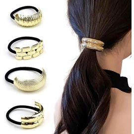 4 Pièces Attache Cheveux, Alliage De Zinc Corde À Cheveux, Élastique Bijoux Cheveux Doré, 4 Styles, Élastiques À Cheveux Queue De Cheval Dorées, Pour Vie Quotidienne, Sport Et Études