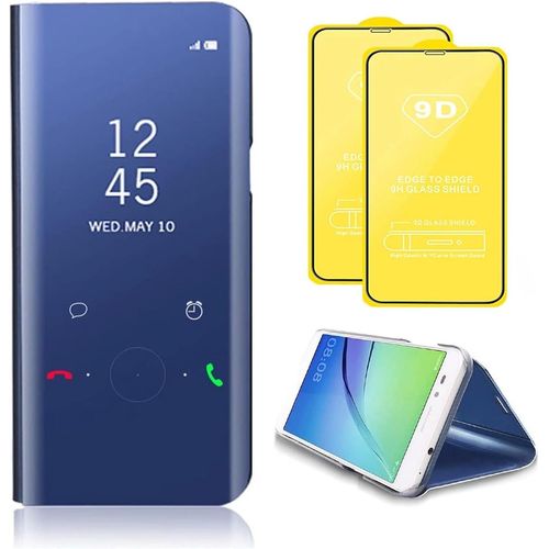 Compatible Avec Coque Samsung Galaxy S23 Ultra Flip Clear View Translucide Miroir Cover Standing 360°Housse Étui Antichoc Smart Cover Bumper + Film Verre Trempé 2 Pièce-Bleu
