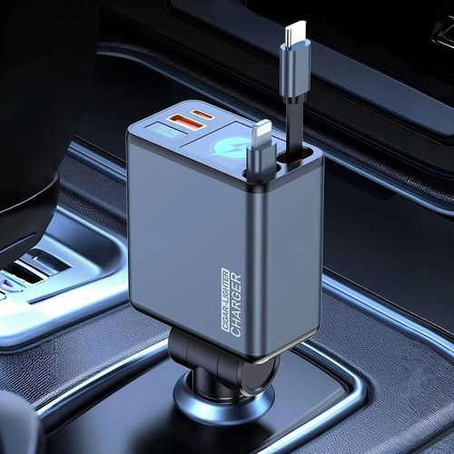 Chargeur De Voiture Rétractable, Chargeur Rapide 4 En 1 124w, Câbles Rétractables (90cm) Phone+Type C Et 2 Ports De Charge Compatibles Avec Phone 16/15/14/13/12 Pro Max, Galaxy S23/S22/S20