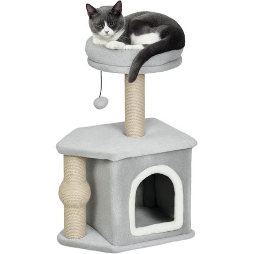 Loc-Arbre À Chat,Tour De Jeux Pour Chats,Hauteur De 66cm,Avec Poteaux À Griffer En Jute,Lit Maison Pour Chat,Plateforme,Balle De Jeu,Gris Clair