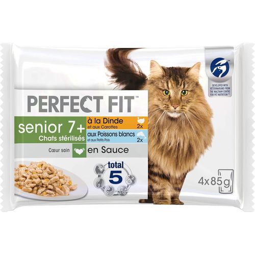 Asfasfq-Repas Pour Chat Senior 7+ Stérilisé - 52 Sachets Fraîcheur (Lot De 13 Packs De 4x85g) - Pâtée Pour Chat En Sauce À La Dinde / Aux Poissons Blancs - Nourriture Equilibrée Pour Un Coeur Sain