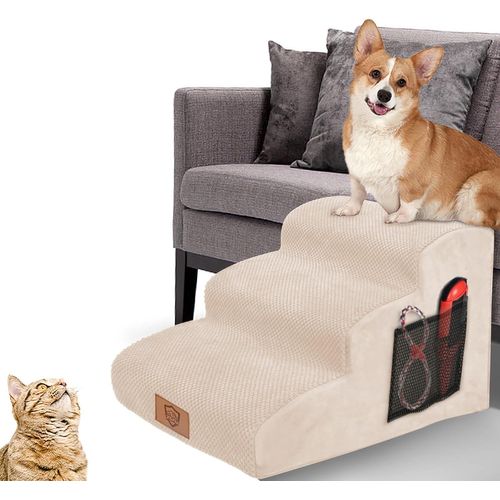 Asfasfq-Escaliers Pour Chiens À 3 Marches En Éponge Haute Densité, Échelle Large Pour Animaux De Compagnie, Escaliers Chien Antidérapant Avec Housse Amovible Pour Monter Canapé Et Lit (Beige)