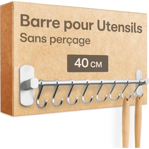 Jexnovashop-Barre De Suspension Pour Ustensiles De Cuisine Avec 8 Crochets - Adhésive & Sans Perçage - Fixation Murale 40 Cm - Durable