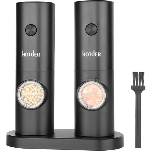 SUBZONAL-Ensemble Électrique de 2 Moulins à Poivre et Sel avec Base, Équipé de Lumière LED Blanche et Réglage de Grossièreté, Finition Élégante en Noir - Idéal pour la Cuisine et la Table