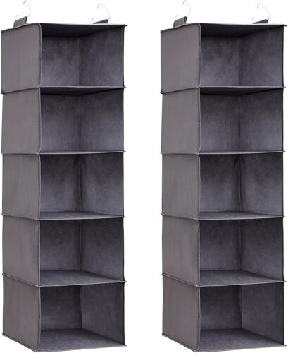 Jexnovashop-Lot De 2 Rangement Suspendu Avec 5 Étagères Et 2 Crochets Solides, Étagères De Rangement Armoire Pour Placard, Organisateur Pliable, Rangement Vetement, Gris