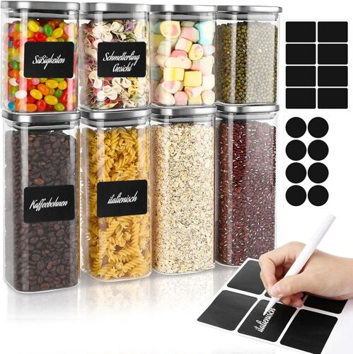 Sjzg-Lot De 8 Bocaux De Conservation En Verre Avec Couvercles Hermétiques En Acier Inoxydable 4 X 1000 Ml, 4 X 600 Ml Avec Étiquettes Diy, Cuillère Graduée, Pour Céréales, Sucre, Farine, Boîtes