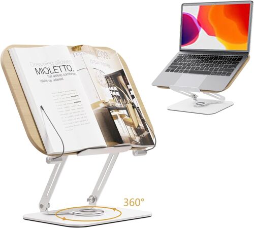 Jexnovashop-Support De Livre En Bois, Réglable Support De Lecture Avec Base Rotative À 360°, Pliable Support De Livre De Recettes De Cuisine, Porte-Documents Pour Ipad, Tablette, Recettes, Partitions