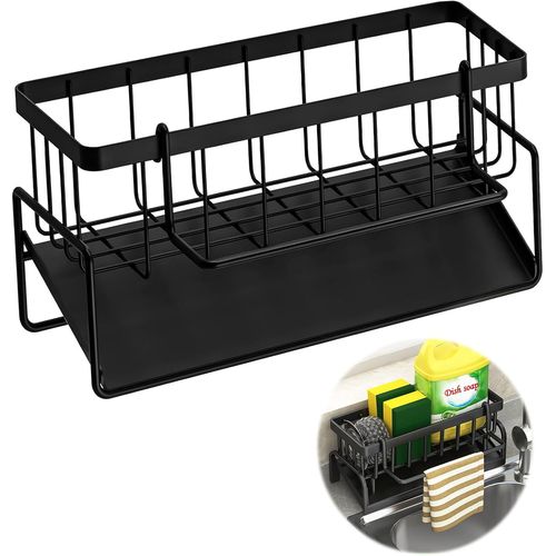 SJZG-Organisateur D'Évier, Porte Eponge Evier Cuisine Noir Avec Bac D'Écoulement Et Porte-Serviettes Amovible, Range Eponge Evier Cuisine Inox Pour Cuisine, Salle De Bain, Buanderie, Garde-Manger