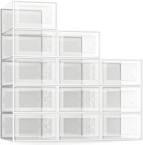 SUBZONAL-Boîtes à Chaussures Transparentes Blanches Lot de 12 Large, Rangement Empilable pour Pointure 44, Conteneurs en Plastique avec Couvercle, Organisateur Gain de Place