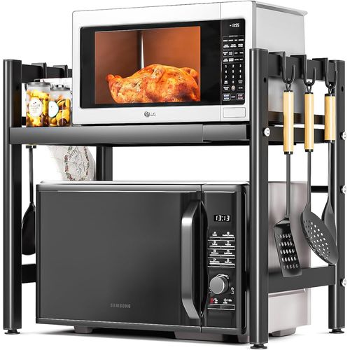 Support pour Micro Onde et Four Extensible Etagere Micro-Ondes,Support en Métal Four à Micro-étagère pour Micro-Ondes avec 6 Crochets Suspendus Meuble Micro Ondes Cuisine Rangement.[L26]