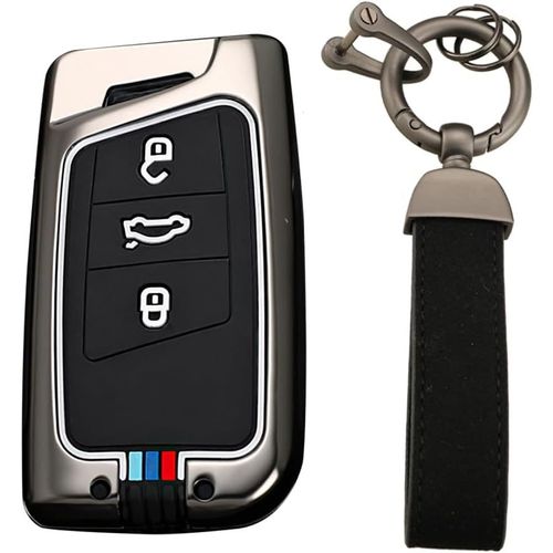 Kalanka-Keyless Coque De Clé Compatible Avec Vw Arteon Passat B8 Tiguan Jetta Convient Pour Skoda Fabia Karoq Superb Convient Pour Seat Ateca Métal Protection Porte-Clés 3 Boutons B Noir