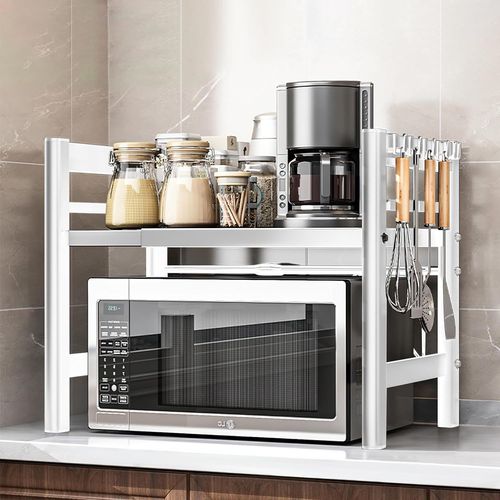 MEVRONISSHOP-2 Niveaux Support de Four à Micro-Ondes Extensible,avec 6 Crochets,Extensible de 40 à 64 cm,Convient aux étagères de Cuisine, aux étagères de Rangement,Blanc