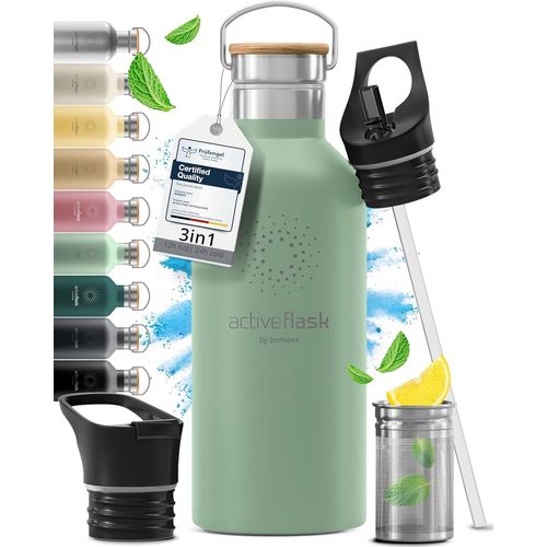Mevronisshop-Gourde Inox Isotherme Active Flask 1l/500ml Sans Bpa + Paille (3 Bouchons) | Bouteille D'eau Acier Inoxydable Isolée, Thermos Réutilisable | Camping Velo Sport Running Randonnée Enfant,