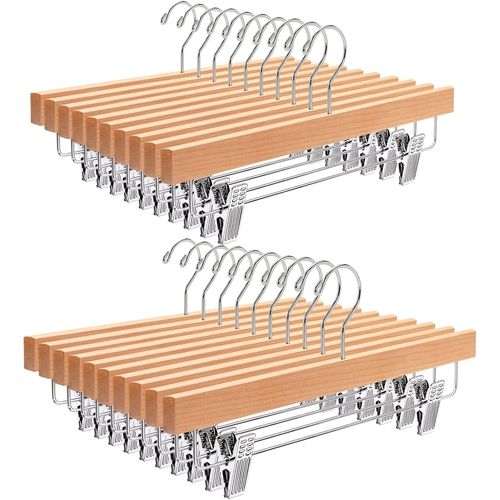 ASFASFq-Lot de 20 Cintres en Bois Naturelle 35.5cm, pour Pantalons Jupes Chaussettes sous-Vêtements, Cintre Antidérapants avec Pinces