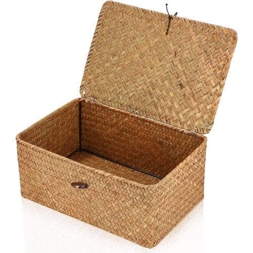 KALANKA-Panier de Rangement en Osier Tressé,Panier Rotin Osier Couvercle Naturel BoîTe de Rangement en Tressé Avec Couvercle Organiseur de Maquillage pour Salle de Bains,Salon,Cuisine,Marron,Taille L