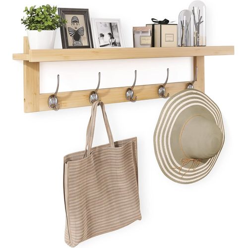 KALANKA-Porte-manteau mural avec étagère de 74 cm pour entrée, étagère murale en bambou avec 5 crochets doubles en métal pour salle de bain, chambre à coucher, cuisine, salon, vestiaire (naturel)