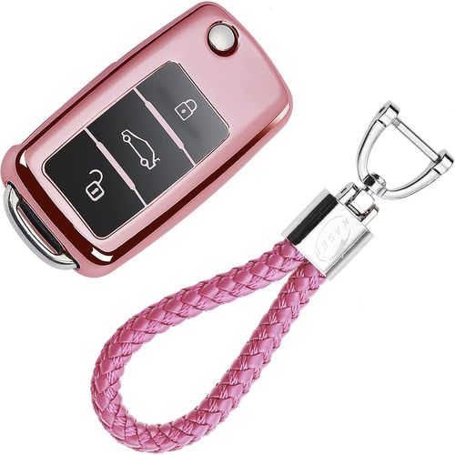 Kalanka-Coque Clé En Silicone Compatible Pour Volkswagen Vw Seat Ibiza Leon Skoda Octavia Cover Housse Porte-Clé Tpu Protection Télécommande (Rose)