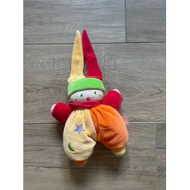 Doudou peluche clown corolle hochet bouffon lutin jaune orange rouge vert étoiles 