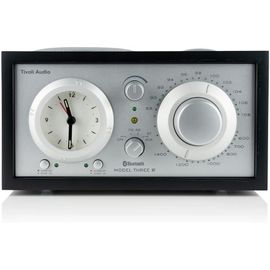 ASFASFq-Model THREE BT - Poste Radio Vintage AM/FM Bluetooth sur Secteur - Radio Réveil Bluetooth Retro en Bois - Petite Enceinte Design avec Horloge Analogique - Radio Cuisine - Noir Argent