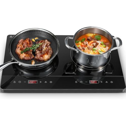 ASFASFq-Plaque Induction 2 feux, Plaque de cuisson double à induction, Plaque à Induction Portable, Contrôle indépendante, écran tactile, 3500W, 10 réglages de température, 10 niveaux de puissance