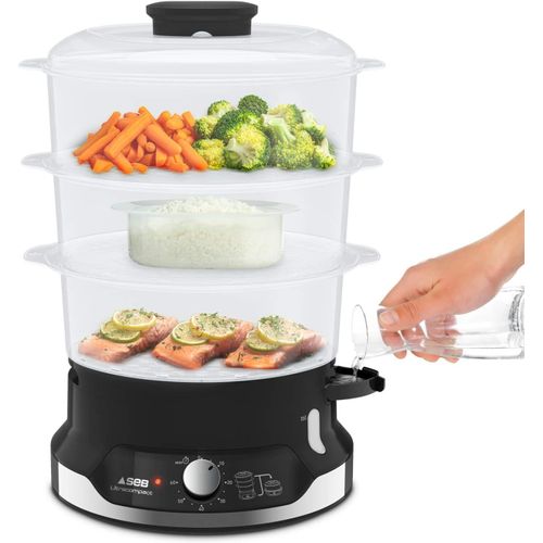 NouvelHorizonstore-Seb Ultracompact Cuiseur vapeur, Cuisson saine, 9 L, 800 W, 3 bols empilables, Bac à riz et céréales, Minuteur 60 min, Arrêt automatique, Niveau d'eau visible, Facile à ranger VC20