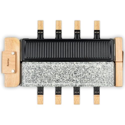 ASFASFq-Appareil à Raclette 8 Personnes WOD360, fromage, Fondue, Pierre Granit et Bois Naturel, Socle Pivotant à 180°, Plaques Amovibles, Accessoires 8 Poêlons et 8 Spatules, 1400 W