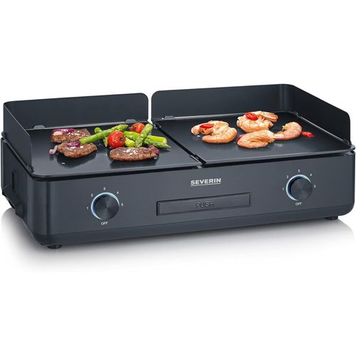SUBZONAL-SEVERIN Plancha réglable jusqu'à 240°C, 2 200 W, Plaque de cuisson au revêtement céramique pour viandes, poissons & légumes, Gril électrique avec bac récupérateur de graisse amovible, Noir,