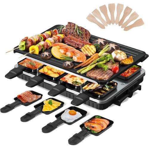 2-En-1 Gril À Raclette 8 Personnes Gril De Table Électrique Anti-Adhésif Plaque De Cuisson Réversible Électrique Raclette Sans Fumée Avec 8 Mini Poêlons À Raclette & 8 Raclettes La[PLA6120650]