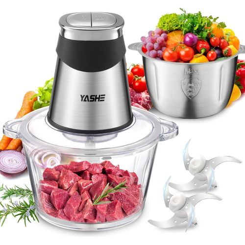 Hachoir Électrique 1,8L+2L, Robot De Cuisine Avec Récipients En Verre Et En Acier Inoxydable, Hachoir À Viande 500W À 2 Vitesses Avec 2 Jeux De Lames