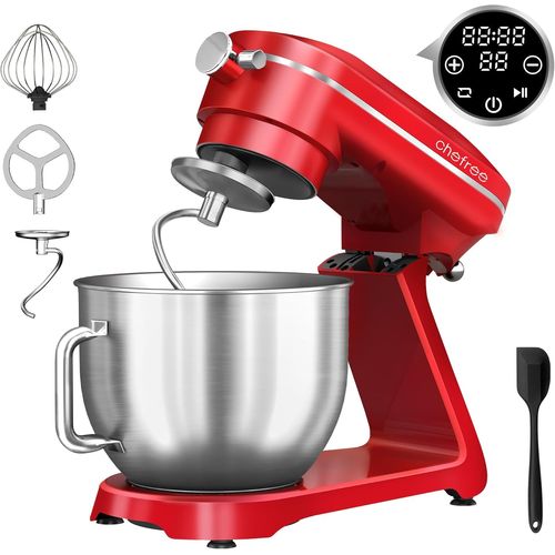 Robot Patissier Multifonction 1800W, Corps Métallique, Rotation Planétaire 10 Vitesses, Robot Cuisine Avec Un Bol 7L, Crochet À Pâte, Fouet, Batteur, Rouge, M500